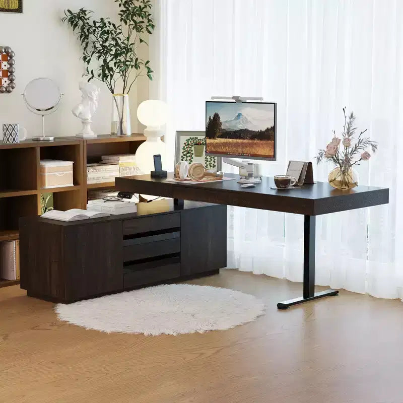Scrivania ad angolo a L in legno scuro con altezza regolabile elettricamente e mobiletto contenitore: Workstation ergonomica per la casa