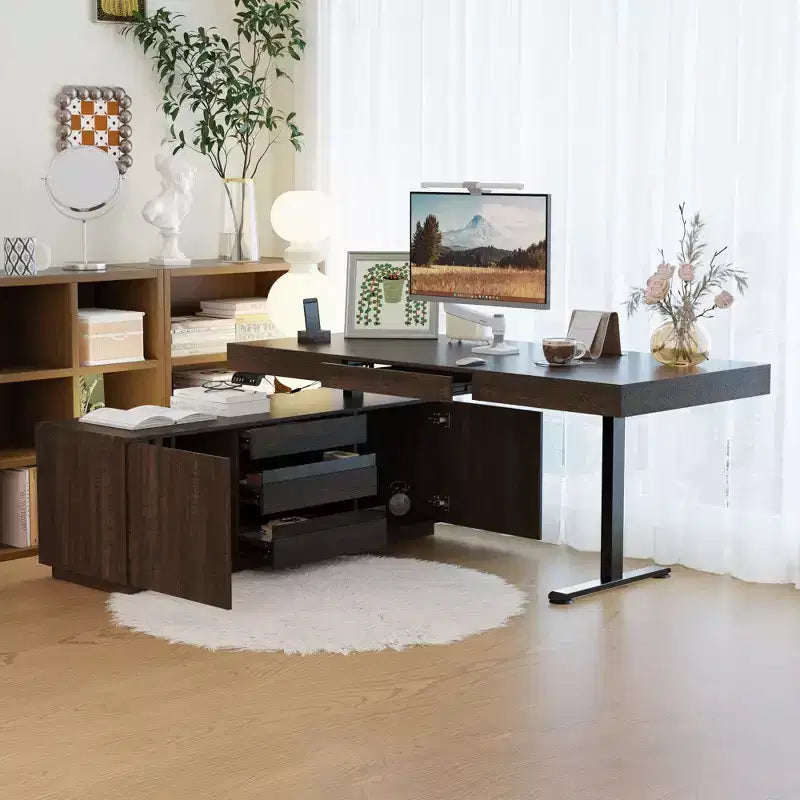 Scrivania ad angolo a L in legno scuro con altezza regolabile elettricamente e mobiletto contenitore: Workstation ergonomica per la casa