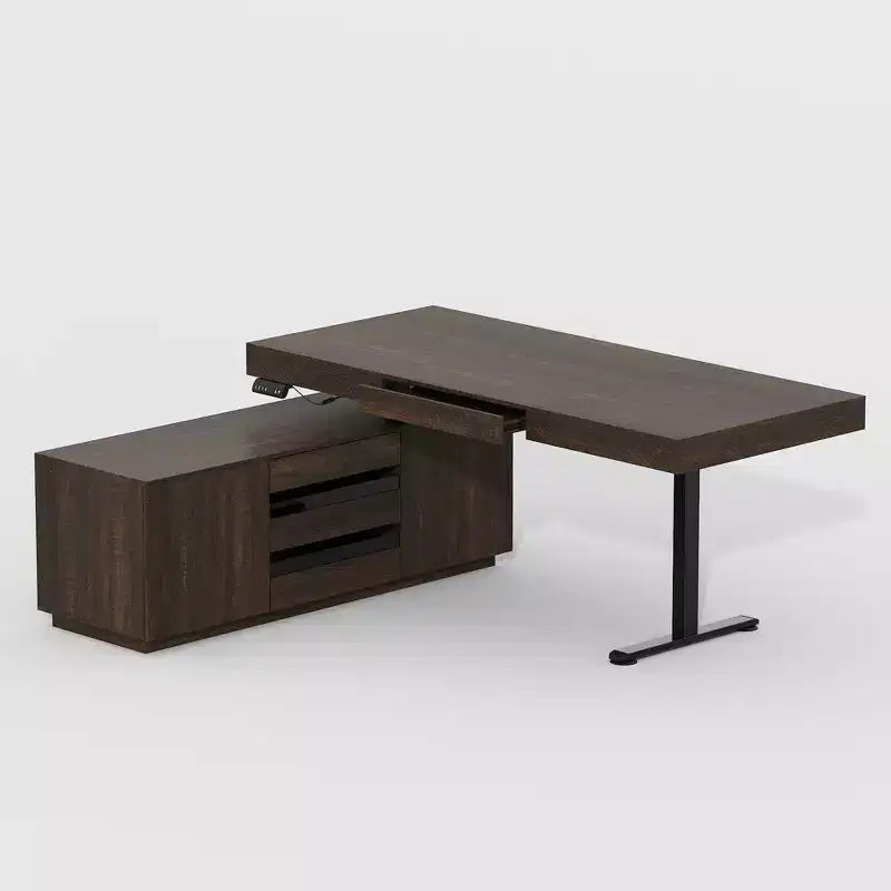 Scrivania ad angolo a L in legno scuro con altezza regolabile elettricamente e mobiletto contenitore: Workstation ergonomica per la casa