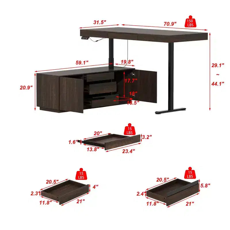 Scrivania ad angolo a L in legno scuro con altezza regolabile elettricamente e mobiletto contenitore: Workstation ergonomica per la casa