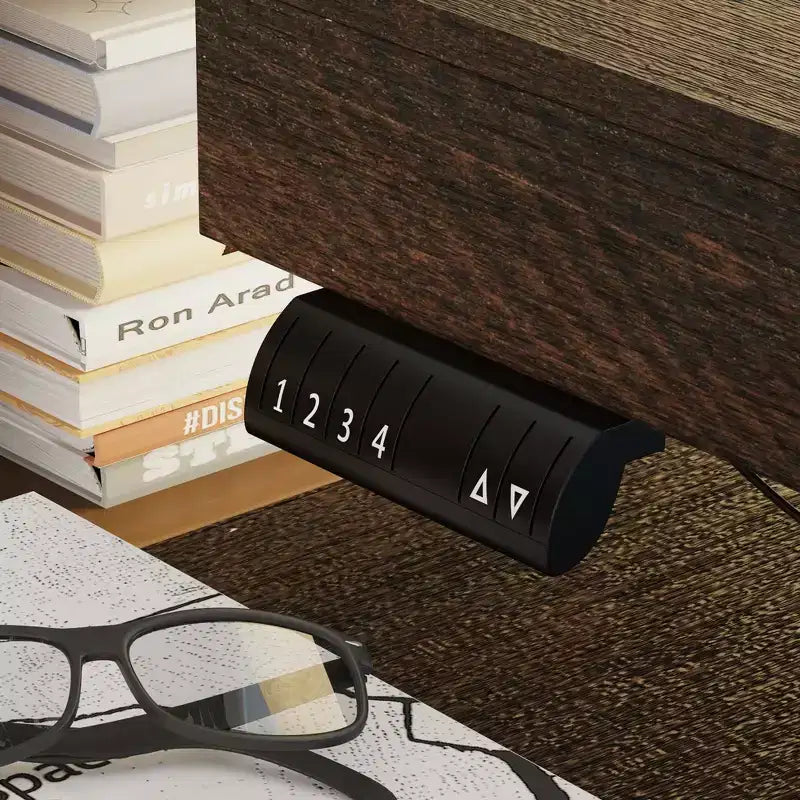 Scrivania ad angolo a L in legno scuro con altezza regolabile elettricamente e mobiletto contenitore: Workstation ergonomica per la casa