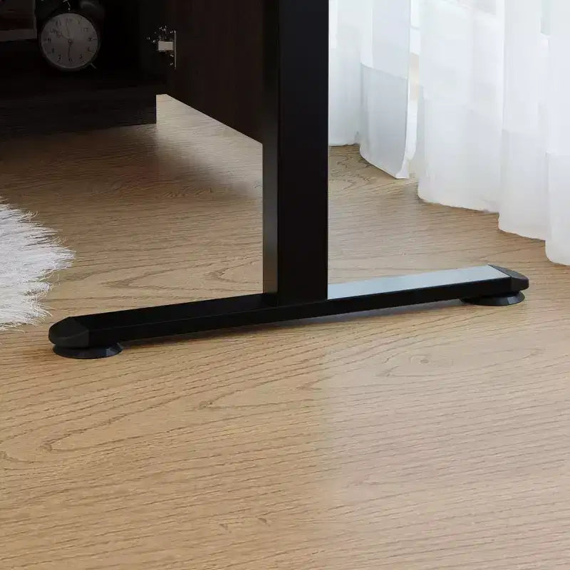 Scrivania ad angolo a L in legno scuro con altezza regolabile elettricamente e mobiletto contenitore: Workstation ergonomica per la casa