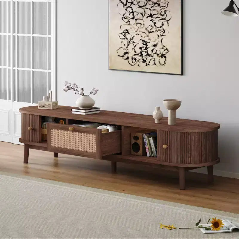 Mobile TV moderno con cassetto frontale in rattan e 2 armadietti con ante scorrevoli