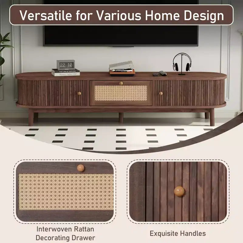 Mobile TV moderno con cassetto frontale in rattan e 2 armadietti con ante scorrevoli