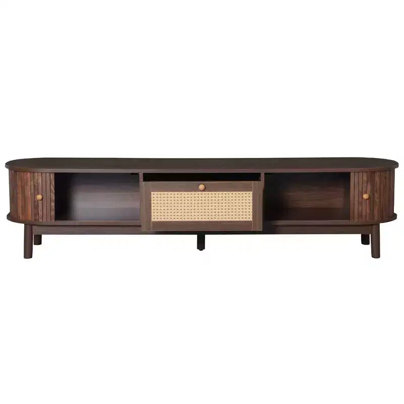 Mobile TV moderno con cassetto frontale in rattan e 2 armadietti con ante scorrevoli