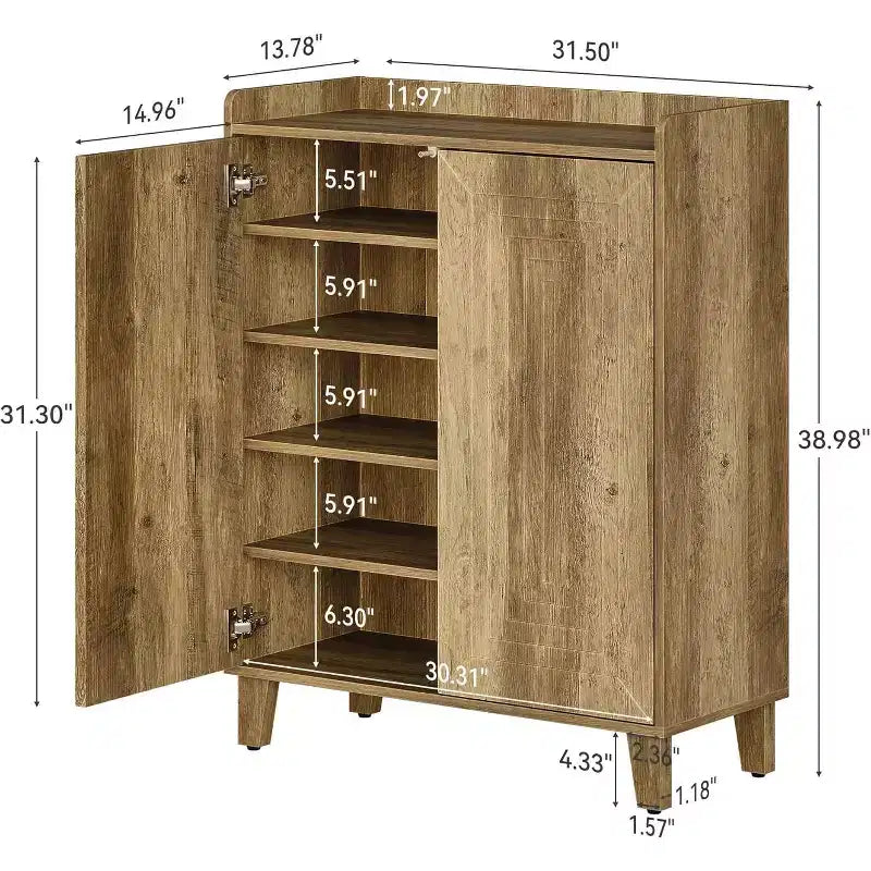 Scarpiera con ante e gambe in legno, scarpiera a 5 livelli in stile rustico con 4 ripiani regolabili per ingresso, foyer, corridoio, marrone rustico