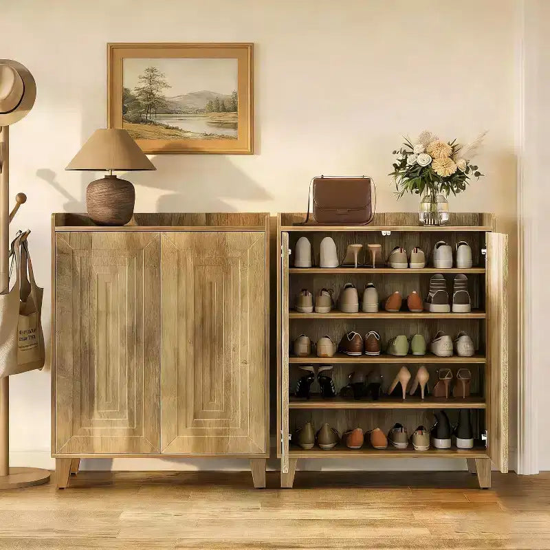 Scarpiera con ante e gambe in legno, scarpiera a 5 livelli in stile rustico con 4 ripiani regolabili per ingresso, foyer, corridoio, marrone rustico