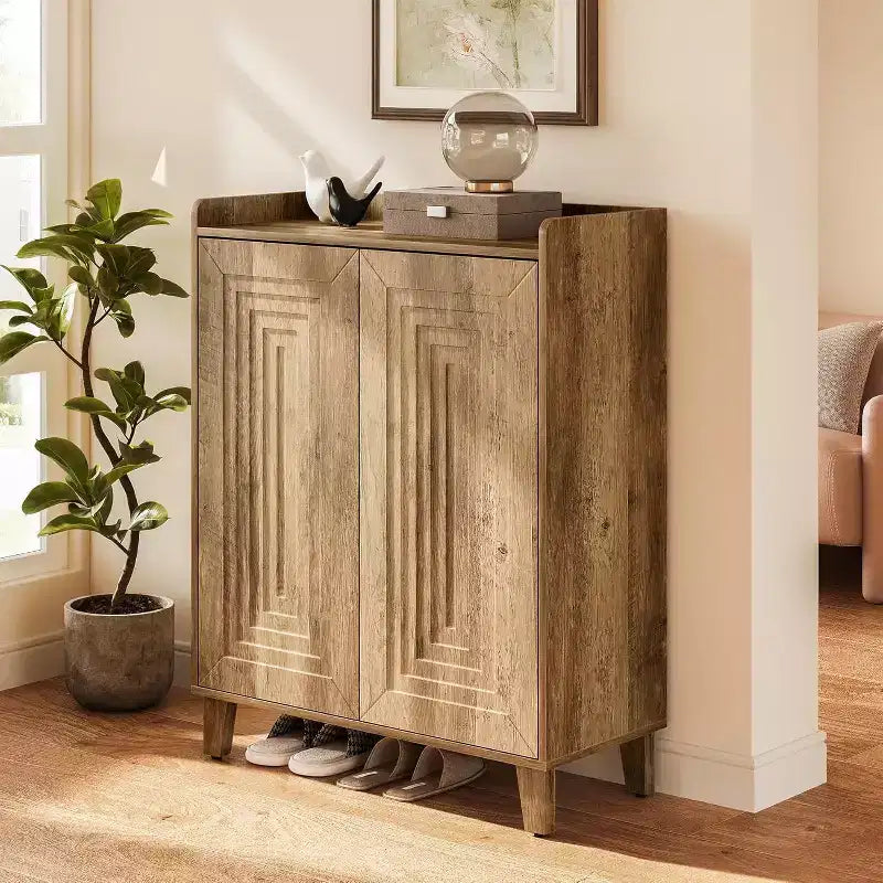 Scarpiera con ante e gambe in legno, scarpiera a 5 livelli in stile rustico con 4 ripiani regolabili per ingresso, foyer, corridoio, marrone rustico