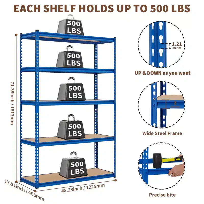 Scaffalatura da Garage a 5 Ripiani, Unità Scaffale in Metallo con Capacità di 1134 kg per Garage, Uso Industriale, Magazzino, Cucina, Ripostiglio, 152 L x 61 P x 180 A cm, Blu