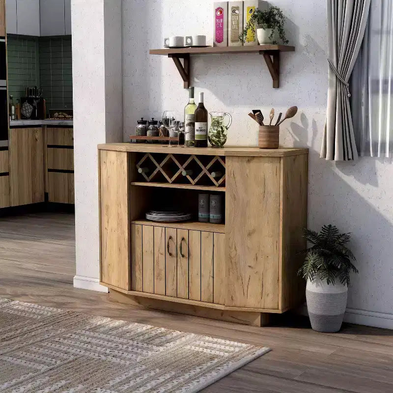 Mobile bar 4 bottiglie Farmhouse in rovere chiaro con griglia - Credenza con ripiani regolabili