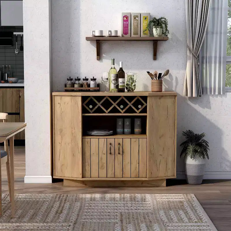 Mobile bar 4 bottiglie Farmhouse in rovere chiaro con griglia - Credenza con ripiani regolabili