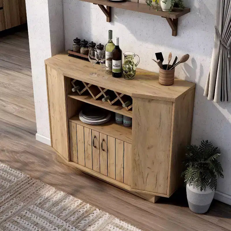 Mobile bar 4 bottiglie Farmhouse in rovere chiaro con griglia - Credenza con ripiani regolabili