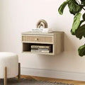 Tavolino sospeso in rattan e legno rovere chiaro