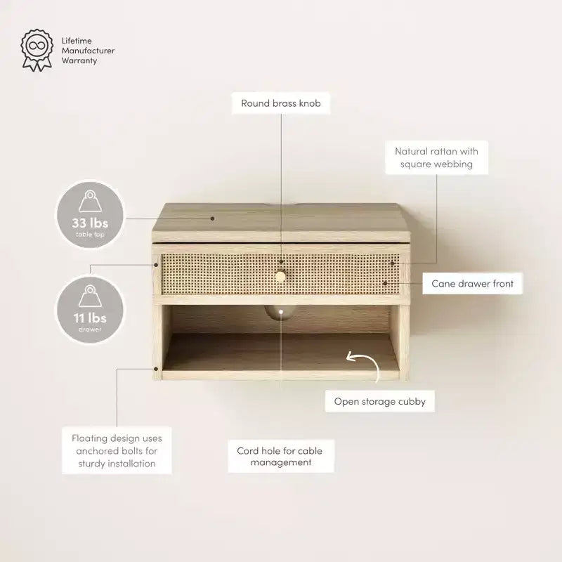 Tavolino sospeso in rattan e legno rovere chiaro