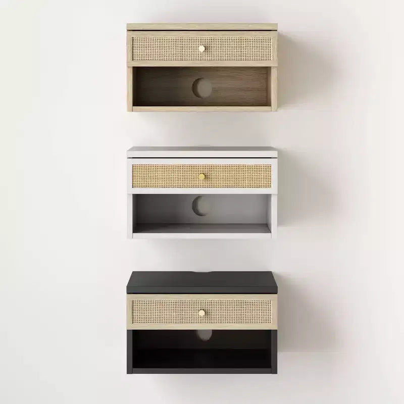 Tavolino sospeso in rattan e legno rovere chiaro