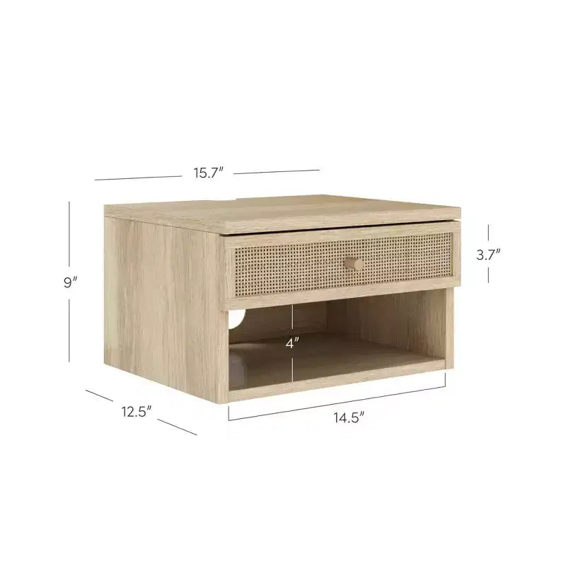 Tavolino sospeso in rattan e legno rovere chiaro