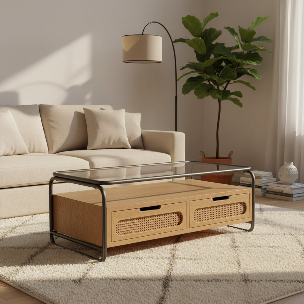 Olivia & May Wooden 1 Shelf Coffee Table with 2 Cane Front Drawers and Gray Metal Frame Brown: Indoor Modern Farmhouse Style, No Assembly Required