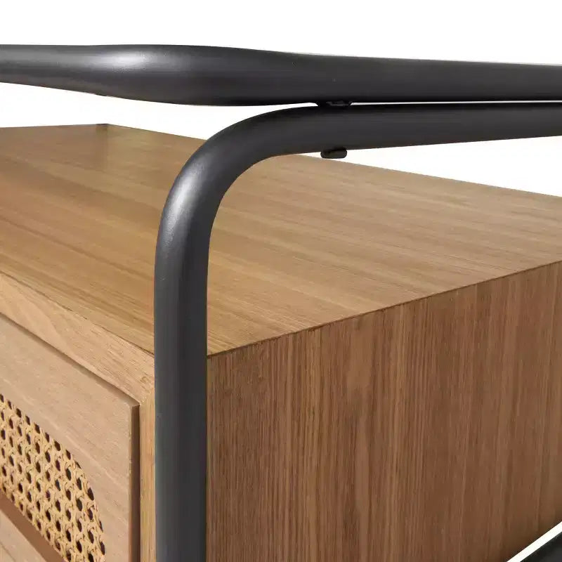 Tavolino da Caffè in Legno con 1 Ripiano, 2 Cassetti Frontali in Paglia di Vienna e Struttura in Metallo Grigio Marrone: Stile Rustico Moderno da Interni, Nessun Montaggio Richiesto