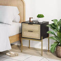 Comodino con 2 cassetti nero opaco e rattan: Maniglie color oro, Gambe in metallo durevoli