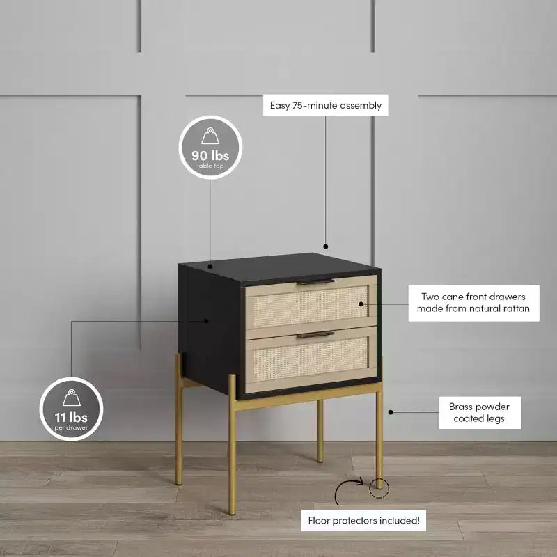 Comodino con 2 cassetti nero opaco e rattan: Maniglie color oro, Gambe in metallo durevoli