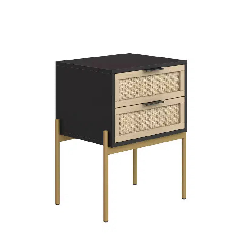 Comodino con 2 cassetti nero opaco e rattan: Maniglie color oro, Gambe in metallo durevoli