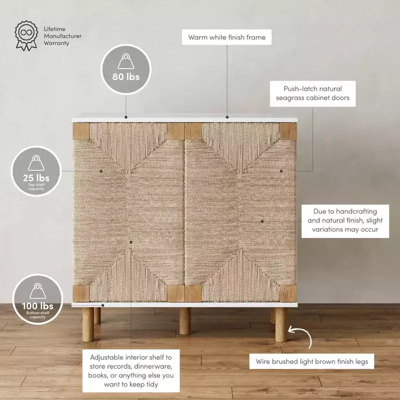 Mobiletto contenitore in legno e giunco marino bianco: Superficie impiallacciata, ripiano fisso, montaggio per adulti richiesto
