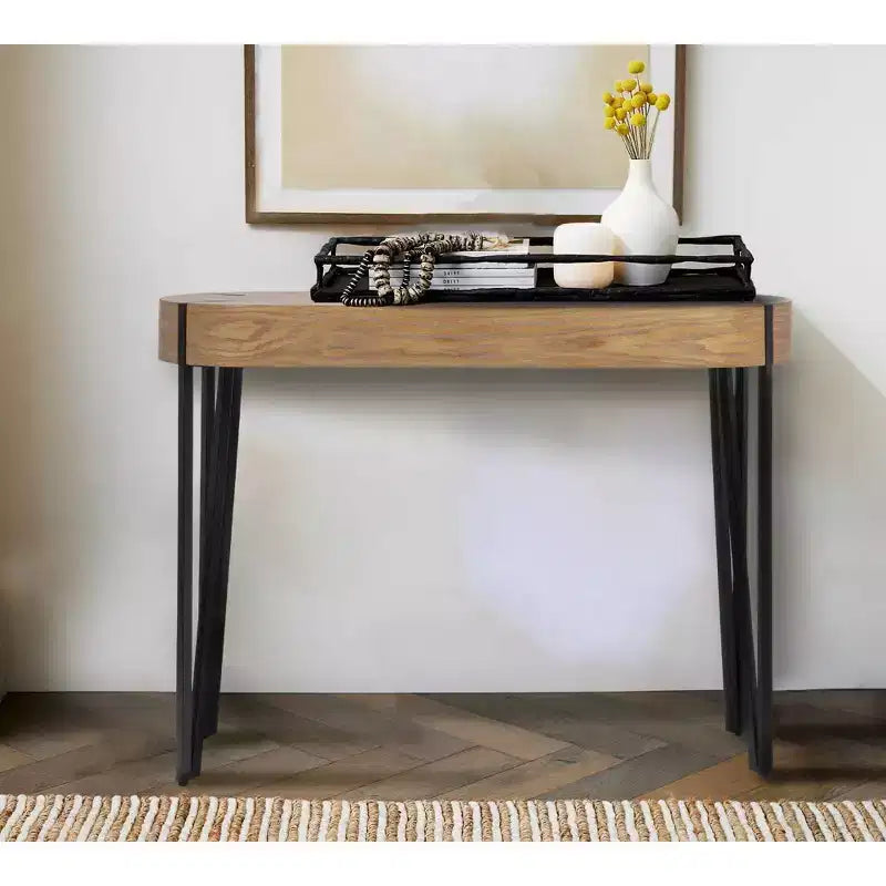 Console da Ingresso in Legno Naturale/Nero: Finitura in Rovere Bianco, Gambe a Forcina in Ferro, Mobile da Ingresso