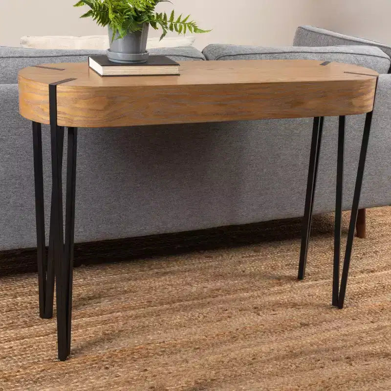 Console da Ingresso in Legno Naturale/Nero: Finitura in Rovere Bianco, Gambe a Forcina in Ferro, Mobile da Ingresso