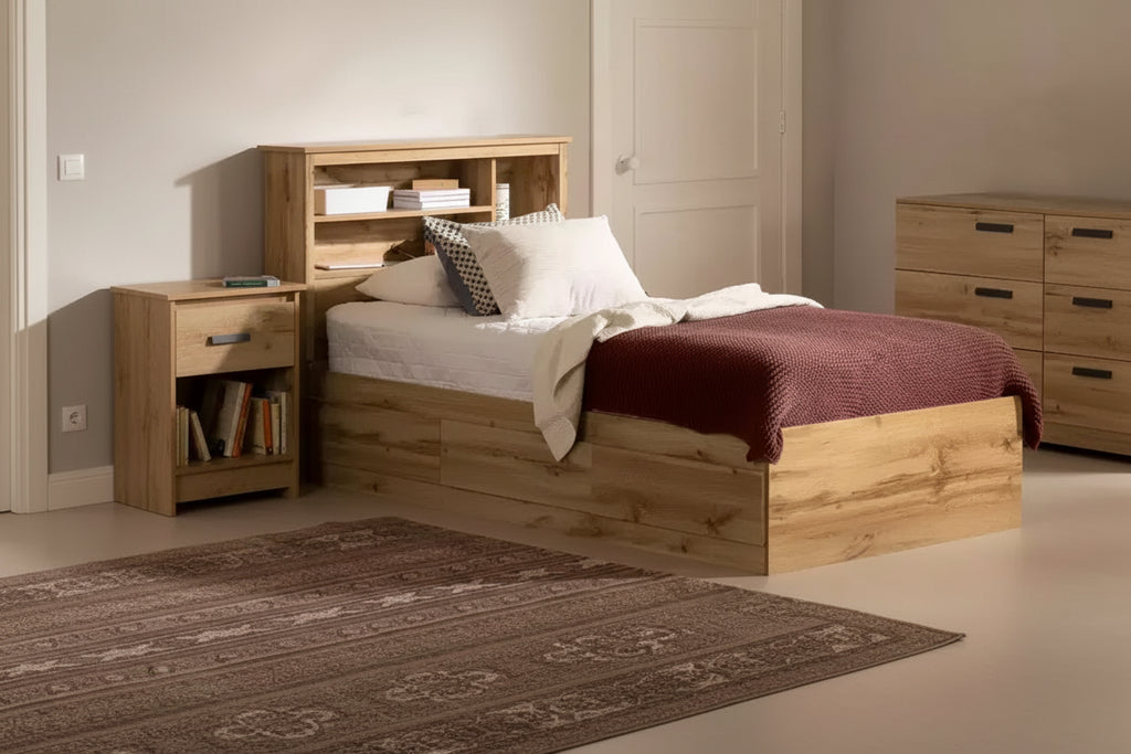 Letto singolo: stile scandinavo con 3 cassetti contenitore, struttura in truciolare laminato