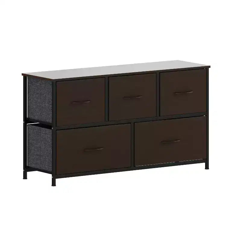 Cassettiera verticale a 5 cassetti con telaio in ghisa, piano in legno e cassetti in tessuto facili da estrarre con maniglie in legno