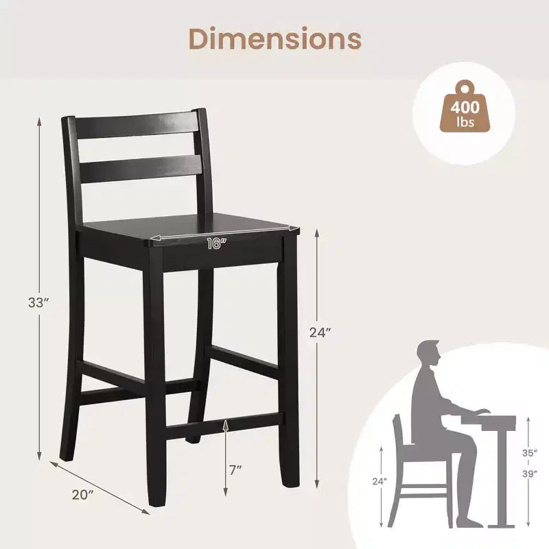 Sgabelli da bar in legno da 61 cm (24 pollici) Set da 2 con schienale ergonomico Sgabelli da bancone Altezza bancone Nero/Bianco