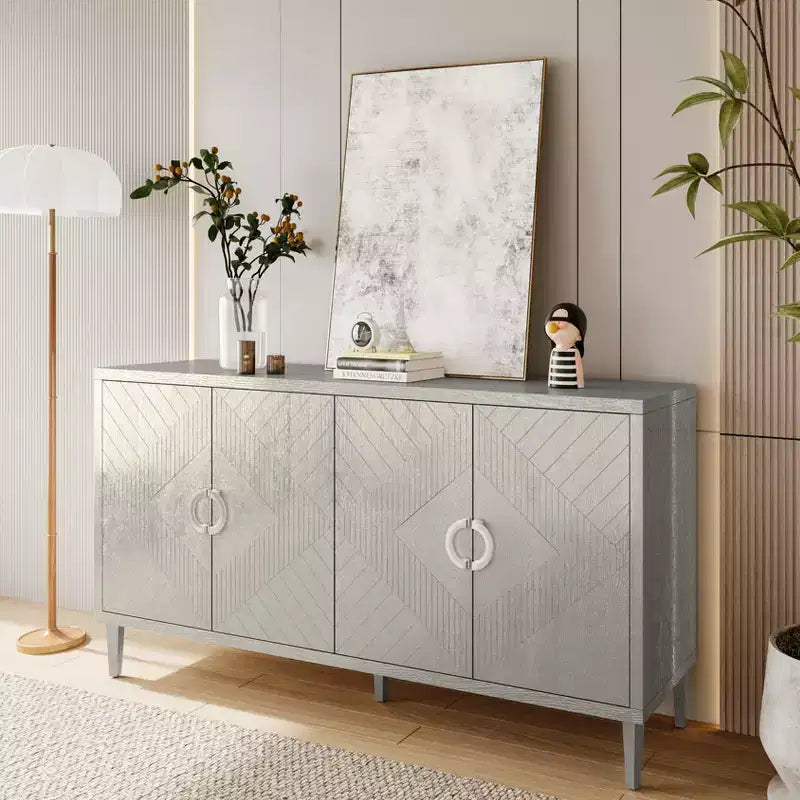 4-Door Stylish Sideboard with 5 Pine Legs, Storage Cabinet with 4 Metal Handles 4M - ModernLuxe