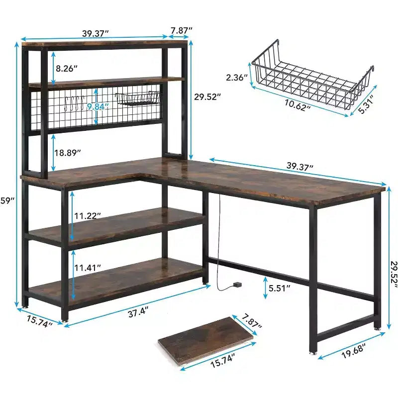 Scrivania per computer da 140 cm con ricarica wireless, 5 ripiani portaoggetti, scrivania da ufficio, tavolo da studio, scrivania con credenza per l'home office
