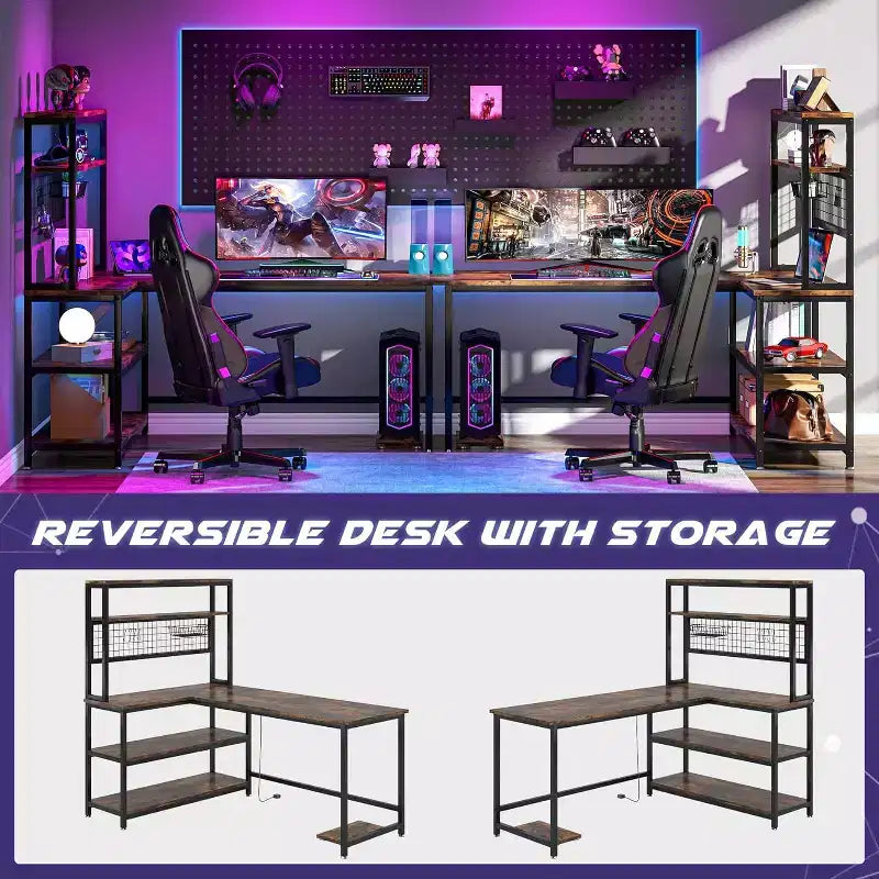 Scrivania per computer da 140 cm con ricarica wireless, 5 ripiani portaoggetti, scrivania da ufficio, tavolo da studio, scrivania con credenza per l'home office