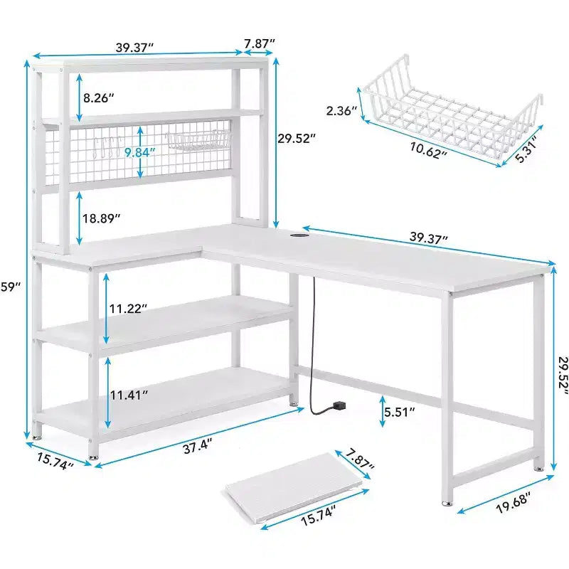 Scrivania per computer da 140 cm con ricarica wireless, 5 ripiani portaoggetti, scrivania da ufficio, tavolo da studio, scrivania con credenza per l'home office