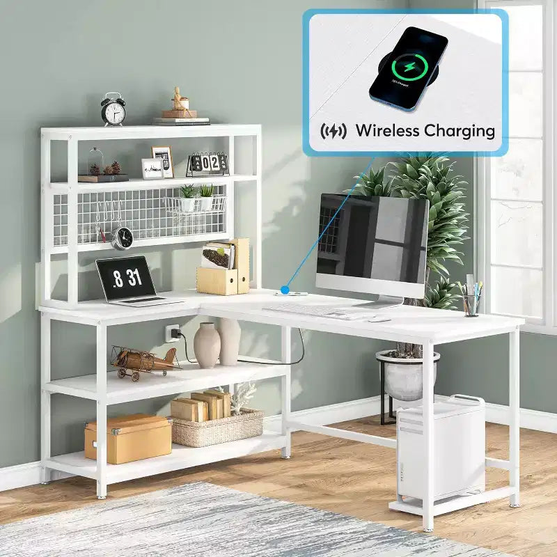 Scrivania per computer da 140 cm con ricarica wireless, 5 ripiani portaoggetti, scrivania da ufficio, tavolo da studio, scrivania con credenza per l'home office