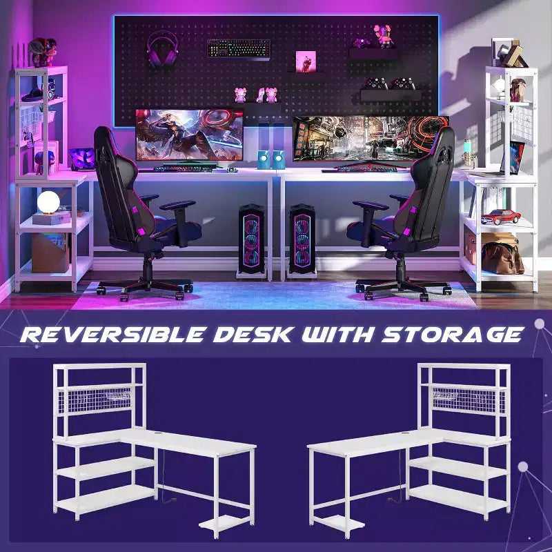 Scrivania per computer da 140 cm con ricarica wireless, 5 ripiani portaoggetti, scrivania da ufficio, tavolo da studio, scrivania con credenza per l'home office