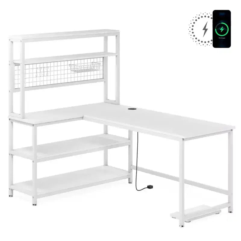 Scrivania per computer da 140 cm con ricarica wireless, 5 ripiani portaoggetti, scrivania da ufficio, tavolo da studio, scrivania con credenza per l'home office