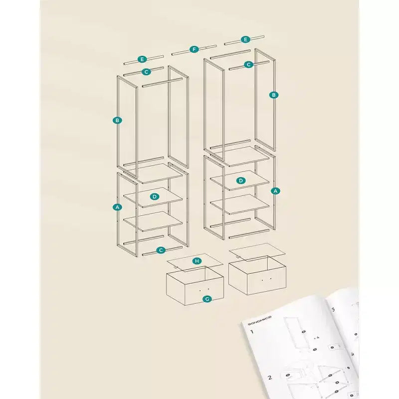 Appendiabiti, Armadio Indipendente da 180 cm, Appendiabiti Robusto con 1 Asta Estensibile, 2 Cassetti e 4 Ripiani
