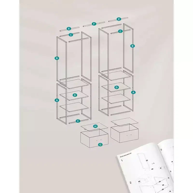 Appendiabiti, Armadio Indipendente da 180 cm, Appendiabiti Robusto con 1 Asta Estensibile, 2 Cassetti e 4 Ripiani
