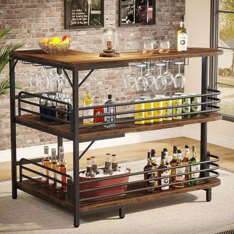 Mobile bar angolare a L, tavolo portabottiglie a 3 livelli con ripiano portaoggetti