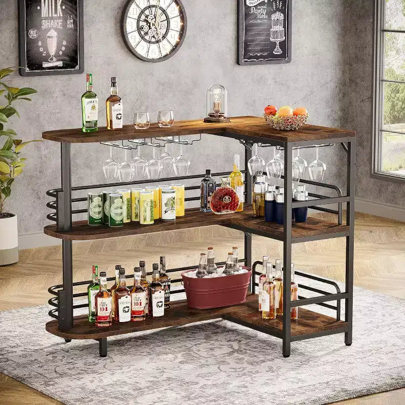 Mobile bar angolare a L, tavolo portabottiglie a 3 livelli con ripiano portaoggetti