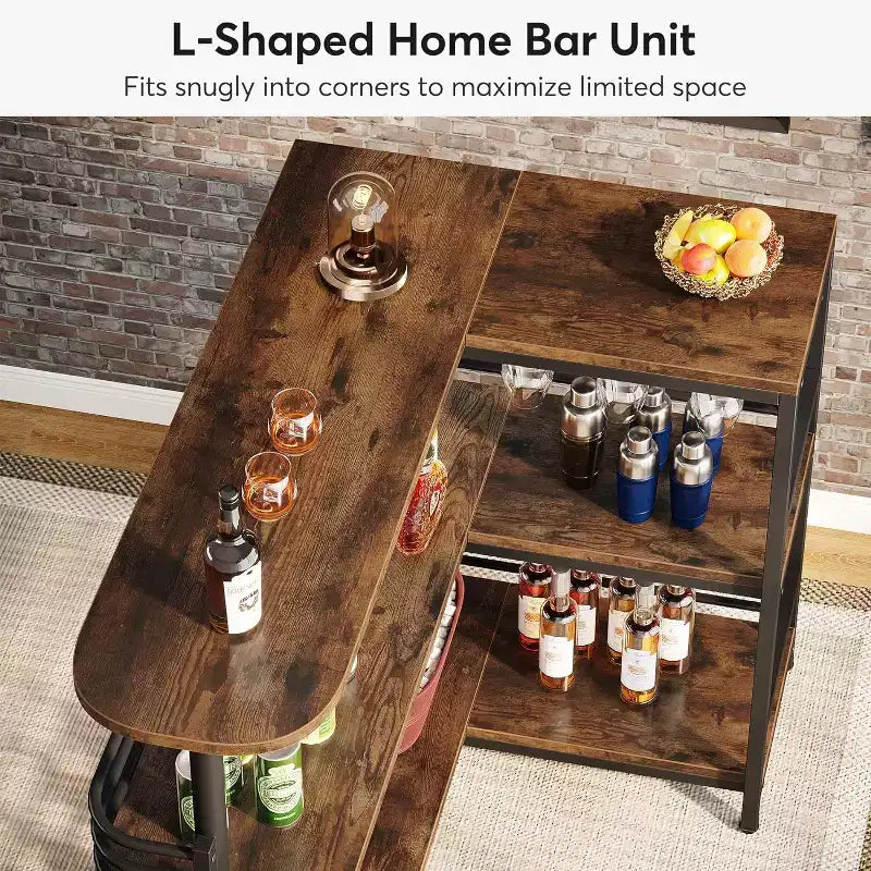 Mobile bar angolare a L, tavolo portabottiglie a 3 livelli con ripiano portaoggetti