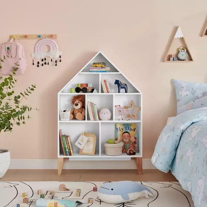 Steiner White Dollhouse Scaffale a 8 Scomparti per Bambini, Unità Espositiva per Libri o Personaggi Giocattolo, Libreria Autoportante con Gambe in Faggio