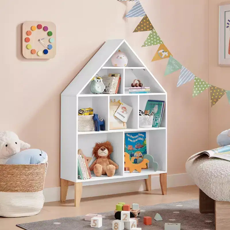 Steiner White Dollhouse Scaffale a 8 Scomparti per Bambini, Unità Espositiva per Libri o Personaggi Giocattolo, Libreria Autoportante con Gambe in Faggio
