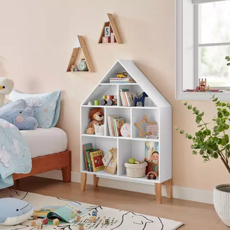 Steiner White Dollhouse Scaffale a 8 Scomparti per Bambini, Unità Espositiva per Libri o Personaggi Giocattolo, Libreria Autoportante con Gambe in Faggio