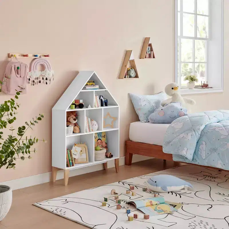 Steiner White Dollhouse Scaffale a 8 Scomparti per Bambini, Unità Espositiva per Libri o Personaggi Giocattolo, Libreria Autoportante con Gambe in Faggio