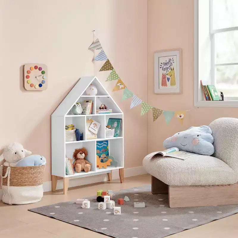 Steiner White Dollhouse Scaffale a 8 Scomparti per Bambini, Unità Espositiva per Libri o Personaggi Giocattolo, Libreria Autoportante con Gambe in Faggio