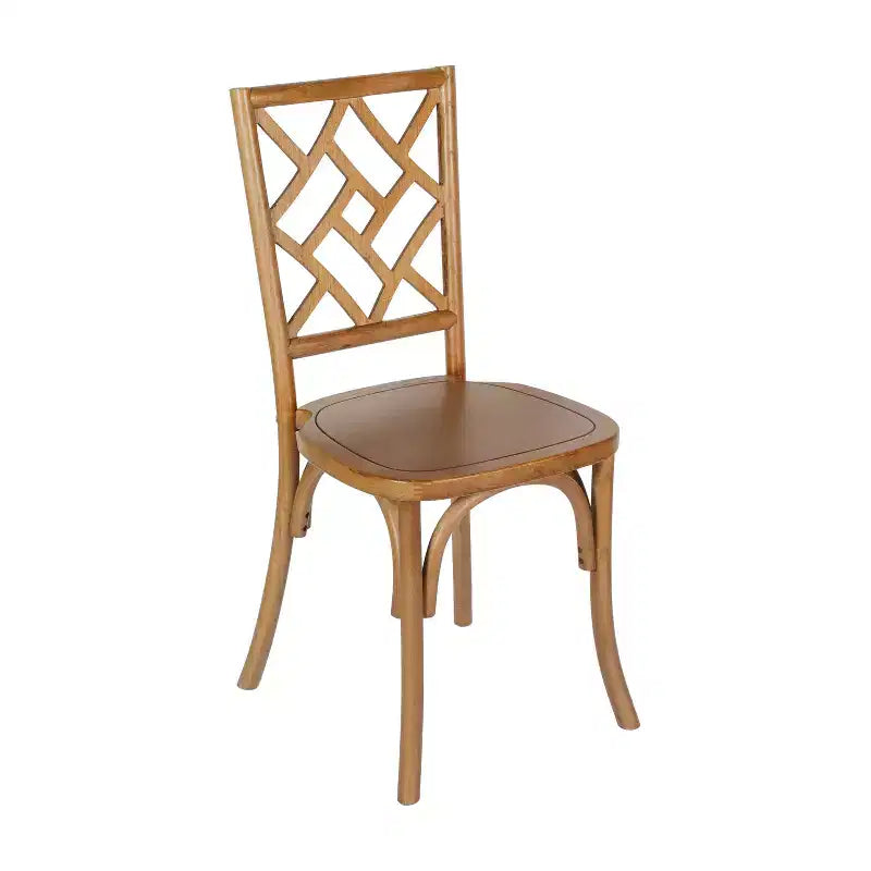 Sedia da pranzo in legno massello con design impilabile, schienale decorato e finitura elegante