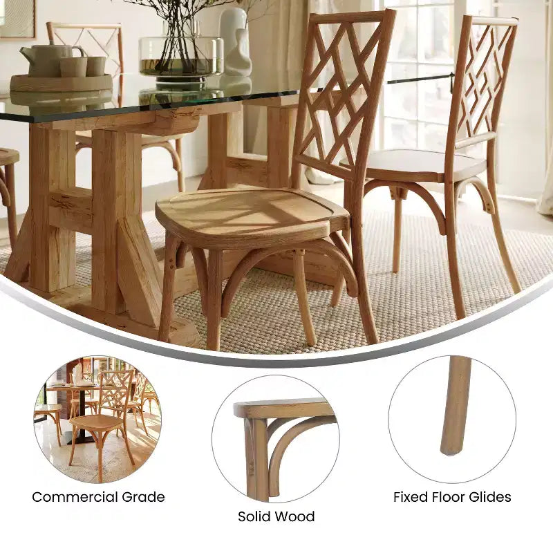 Sedia da pranzo in legno massello con design impilabile, schienale decorato e finitura elegante